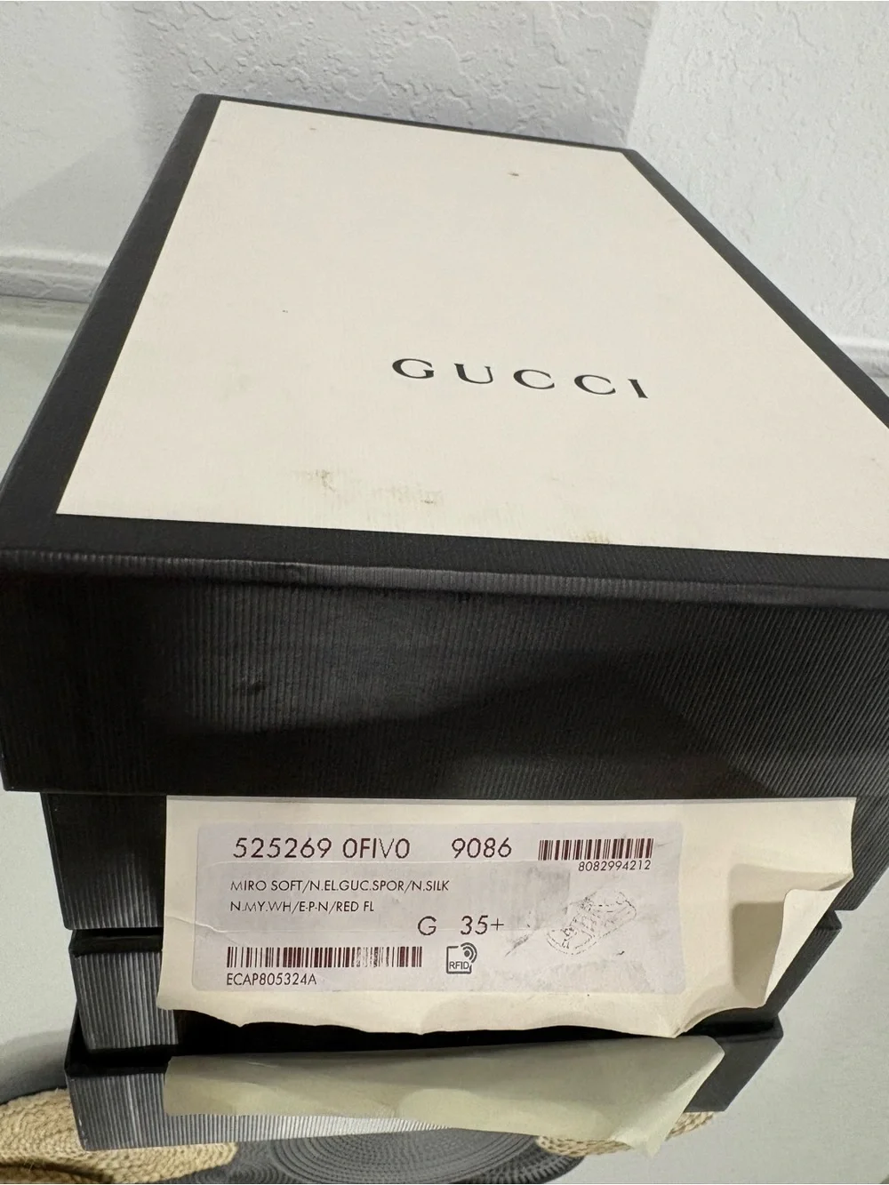 Gucci Cream Leather Sneakers with Black and Red Logo Strap